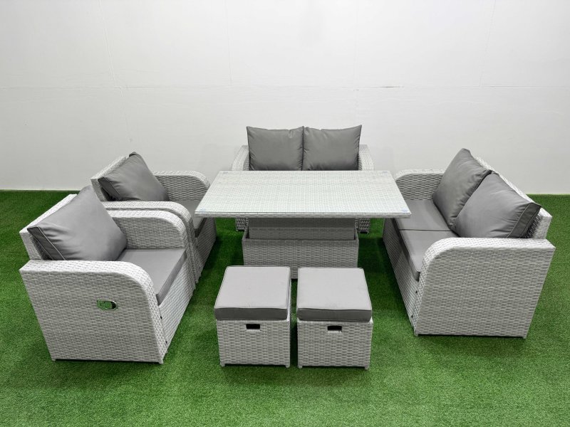 Fimous 8 Seater Outdoor Reclining Chair Love Sofa Set Rattan Garden Furniture Set with Adjustable Lifting Dining or Coffee Table 2 Stools Light Grey