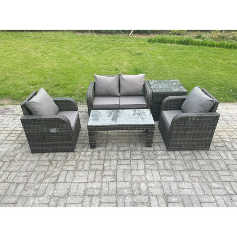 Fimous Rattan Lounge Sofa Set Outdoor Garden Furniture Set with Rectangular Coffee Table Love Sofa Side Table Dark Grey Mixed