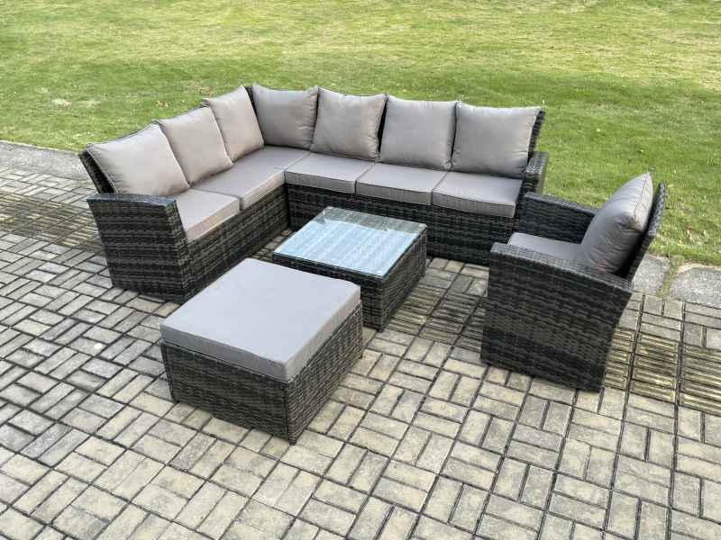 Fimous Rattan Garden Furniture Set Outdoor Lounge Corner Sofa Set With Square Coffee Table Big Footstool Armchair 8 Seater Dark Grey Mixed