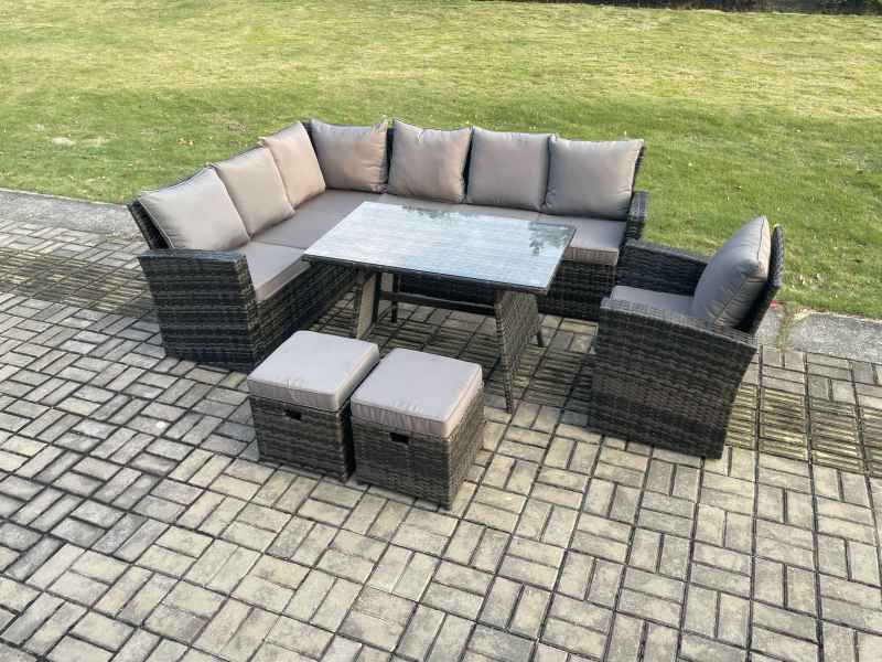 Fimous 9 Seater Outdoor Furniture Garden Dining Set Rattan Corner Sofa Set with 2 Small Footstools Dark Grey Mixed