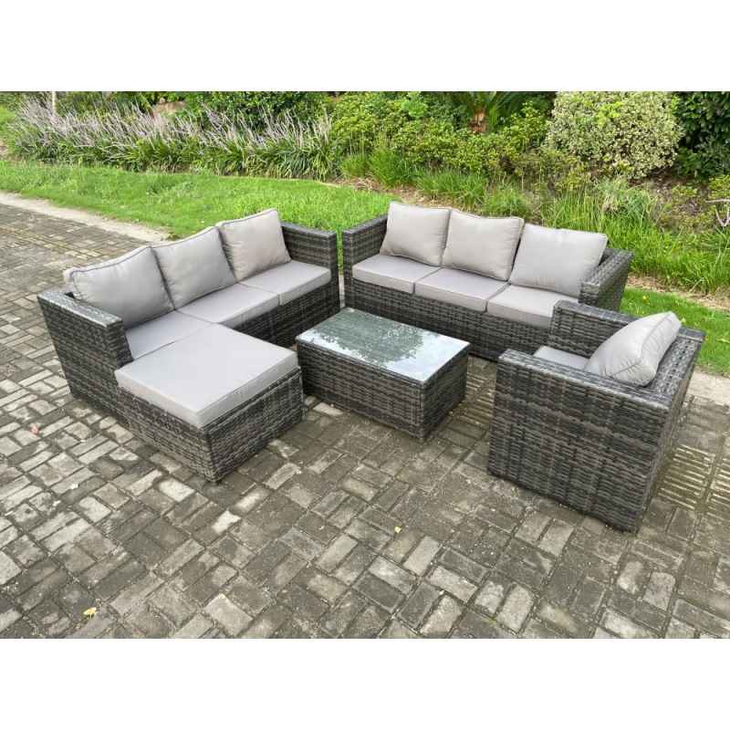 Fimous 8 Seater Rattan Garden Furniture Set Indoor Outdoor Patio Sofa Set with Oblong Coffee Table Armchair Big Footstool Dark Grey Mixed