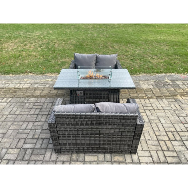 Fimous Rattan Garden Furniture Set with Gas Fire Pit Dining Table Indoor Outdoor 3 piece set