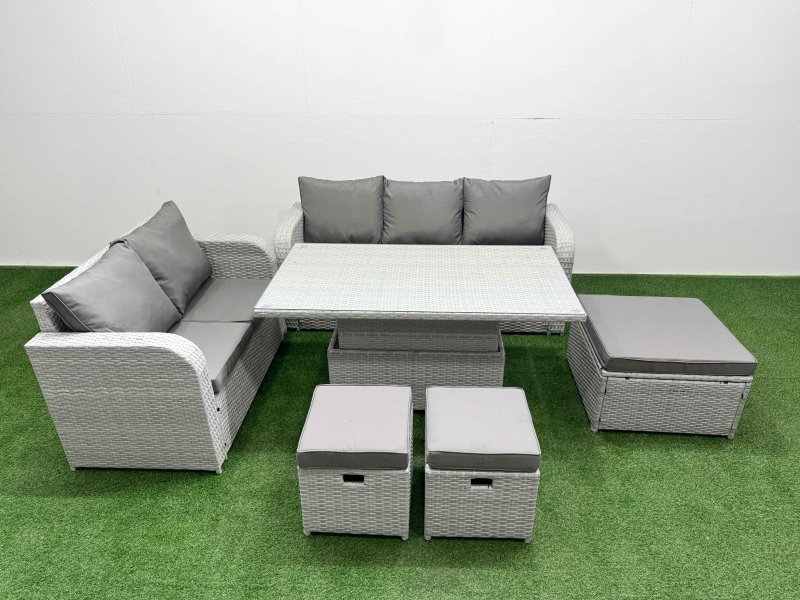 Fimous 8 Seater PE Rattan Wicker Garden Furniture Patio Conservatory Sofa Set with Adjustable Lifting Dining or Coffee Table 3 Seater Sofa Love Sofa 3 Stool