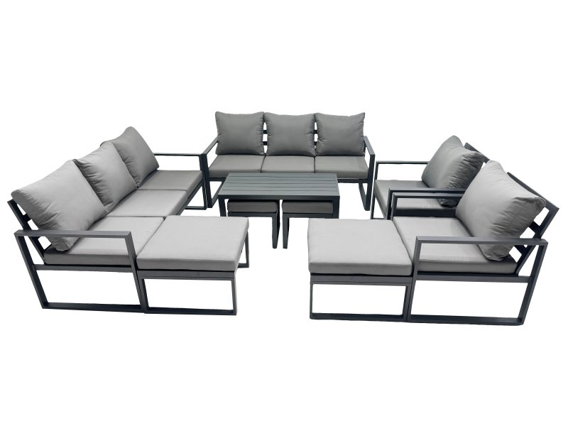 Fimous Outdoor Garden Furniture Set Aluminium Lounge 3 Seat Sofa Oblong Coffee Table Sets with 2 Chairs 4 Stools Dark Grey