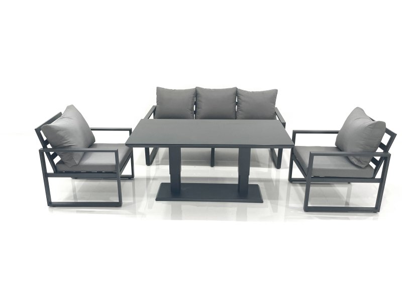 Fimous Outdoor Aluminium Garden Furniture Set with Adjustable Rising Lifting Dining Table 3 Seater Sofa 2 Chair Dark Grey