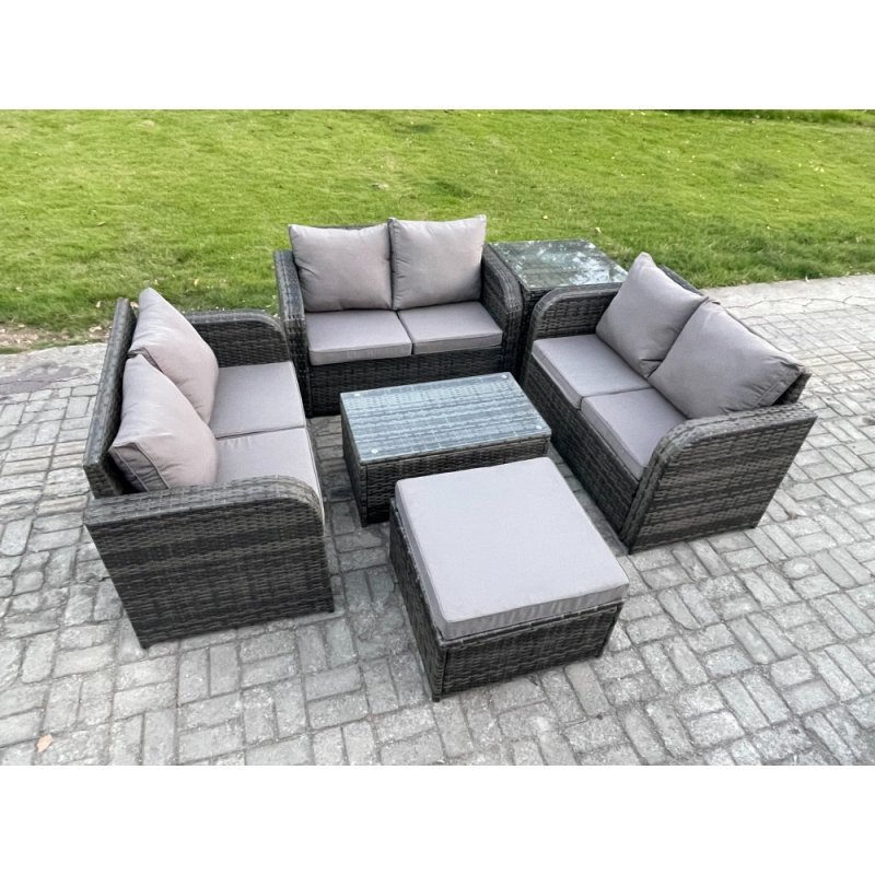Fimous Outdoor Garden Furniture Sets 7 Seater Wicker Rattan Furniture Sofa Sets with Rectangular Coffee Table Love Sofa Big Footstool Side Table Dark Grey Mixed