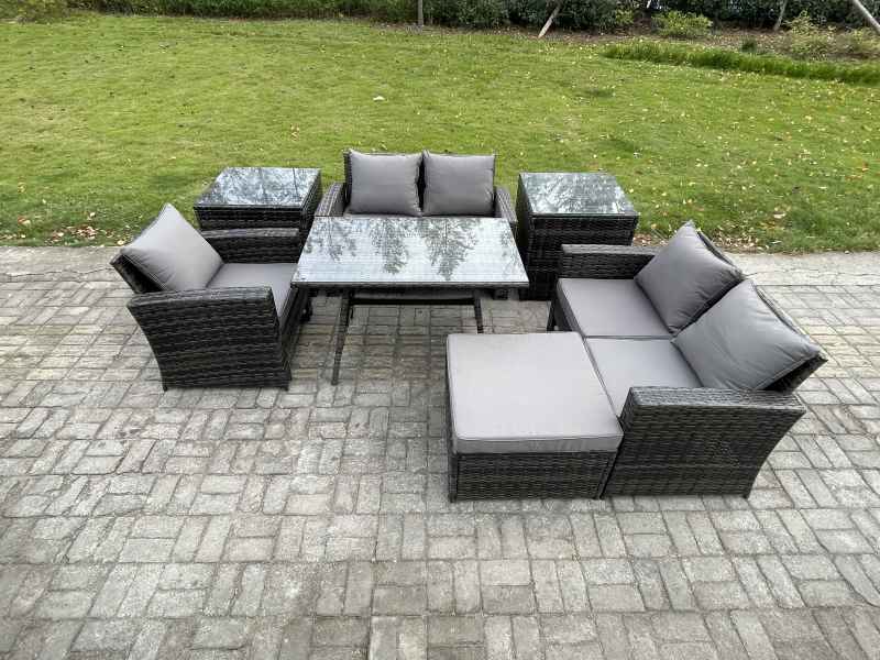 Fimous Wicker PE Rattan Garden Dining Set Outdoor Furniture Sofa with Rectangular Dining Table Love Seat Sofa 2 Side Tables Big Footstool Dark Grey Mixed