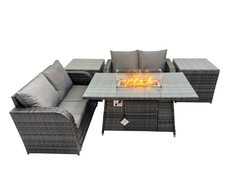Fimous 4-seater Patio Gas Firpit Dining Table Sofa Sets Rattan Garden Furniture Dining Set with 2 Side Tables Dark Grey Mixed