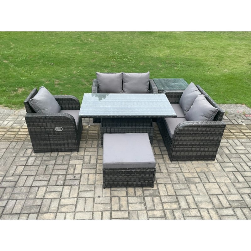 Fimous Wicker PE Rattan Furniture Garden Dining Set Outdoor Height Adjustable Rising lifting Table Love Sofa With Reclining Chair Side Tables Big Footstool