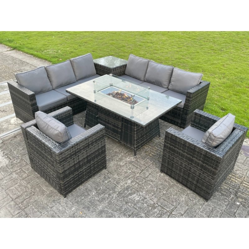 Fimous Outdoor Rattan Garden Corner Furniture Gas Fire Pit Dining Table Gas Heater Sets Lounge Chairs Side Table Dark Grey 8 Seater