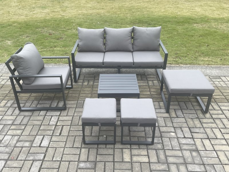 Fimous Aluminium Outdoor Garden Furniture Set Lounge Sofa Chair Square Coffee Table Sets with 3 Footstools Dark Grey