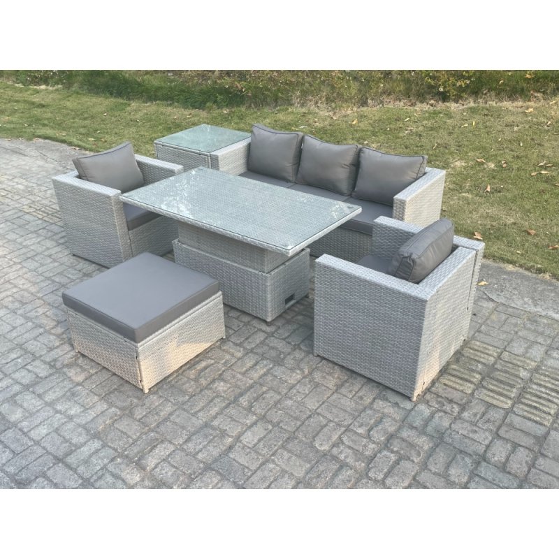 Fimous Rattan Garden Funiture Set Adjustable Rising Lifting Table Sofa Dining Set With 2 Arm Chair Side Table Big Footstool