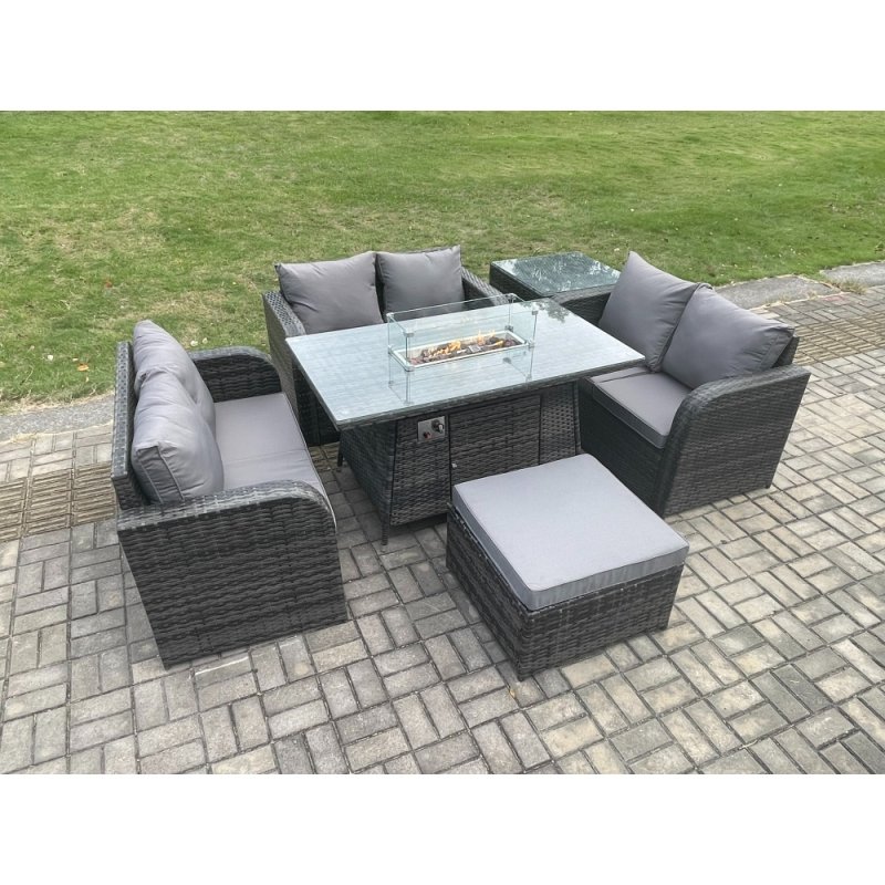 Fimous Rattan Outdoor Garden Furniture Sofa Set Gas Fire Pit Dining Table Gas Heater with Side Table Love Sofa Big Footstool Dark Grey Mixed