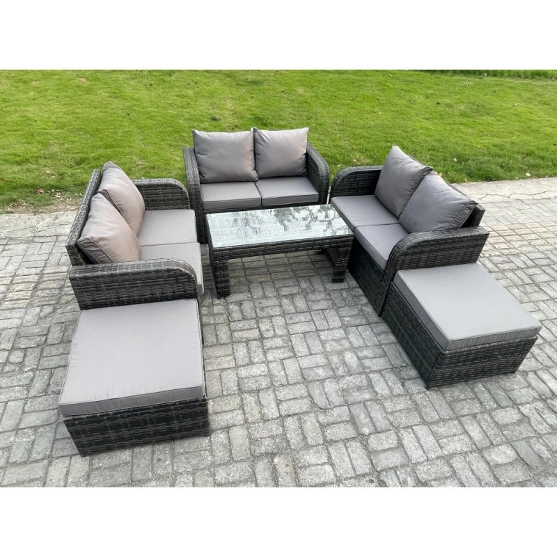 Fimous Rattan Wicker Garden Furniture Patio Conservatory Sofa Set with Rectangular Coffee Table Reclining Chair Love Sofa 2 Big Footstool