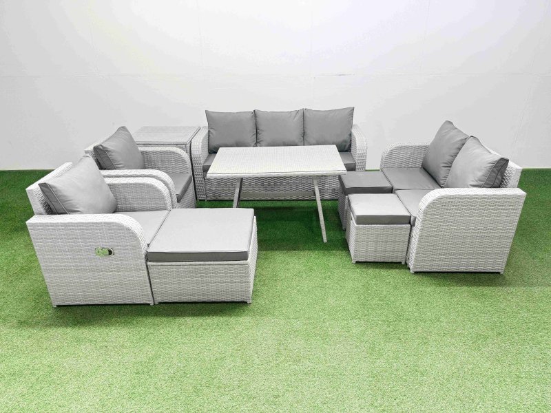 Fimous PE Rattan Garden Furniture Set Outdoor Rectangular Dining Table Sofa Set with Reclining Chair 3 Stool Side Table Light Grey