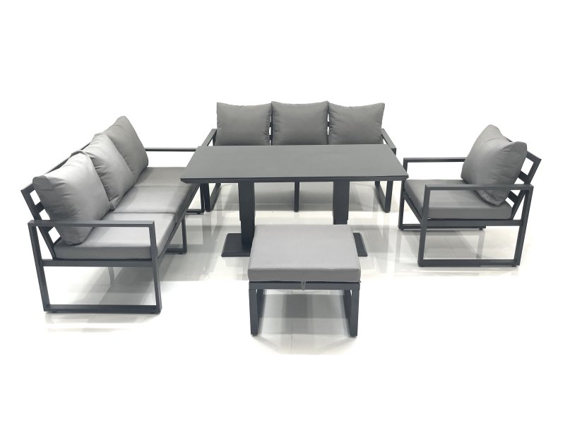 Fimous Outdoor Garden Furniture Set Aluminium Lounge Sofa Adjustable Rising Lifting Dining Table Sets with Big Footstool Dark Grey