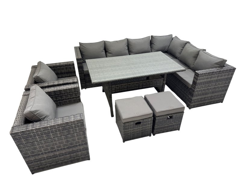 Fimous Rattan Garden Furniture Set Outdoor 10 Seater Patio Dining Corner Sofa Sets with Dining Table 2 Chairs 2 Small Stools Dark Grey Mixed