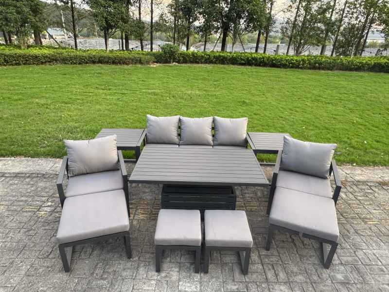 Fimous Aluminium Garden Furniture Sets 9 Seater Outdoor Sofa Set with Adjustable Rising Lifting Dining Table 2 Chairs 4 Footstools Side Table