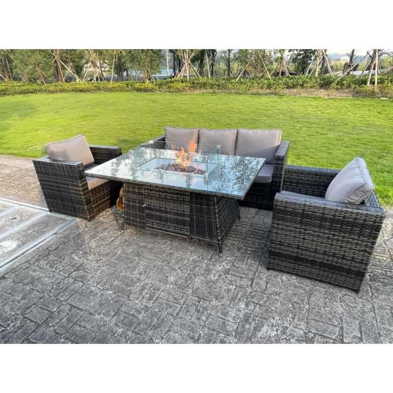 Fimous PE Wicker 5 Seater Rattan Garden Furniture Gas Fire Pit Table Gas Heater Sets Lounge Sofa Set With Chair Clear Tempered Glass