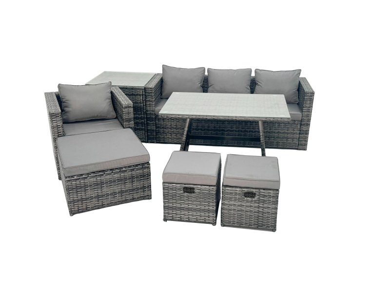 Fimous Rattan Dining Table Sofa Armchair Set with Side Table 3 Footstools Outdoor Garden Furniture Set Dark Grey Mixed