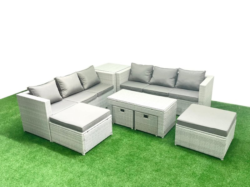 Fimous Outdoor Rattan Garden Furniture Set with Grey Cushions Luxury 10 Seater with Coffee Table and Side Table For Conservatory,Patio