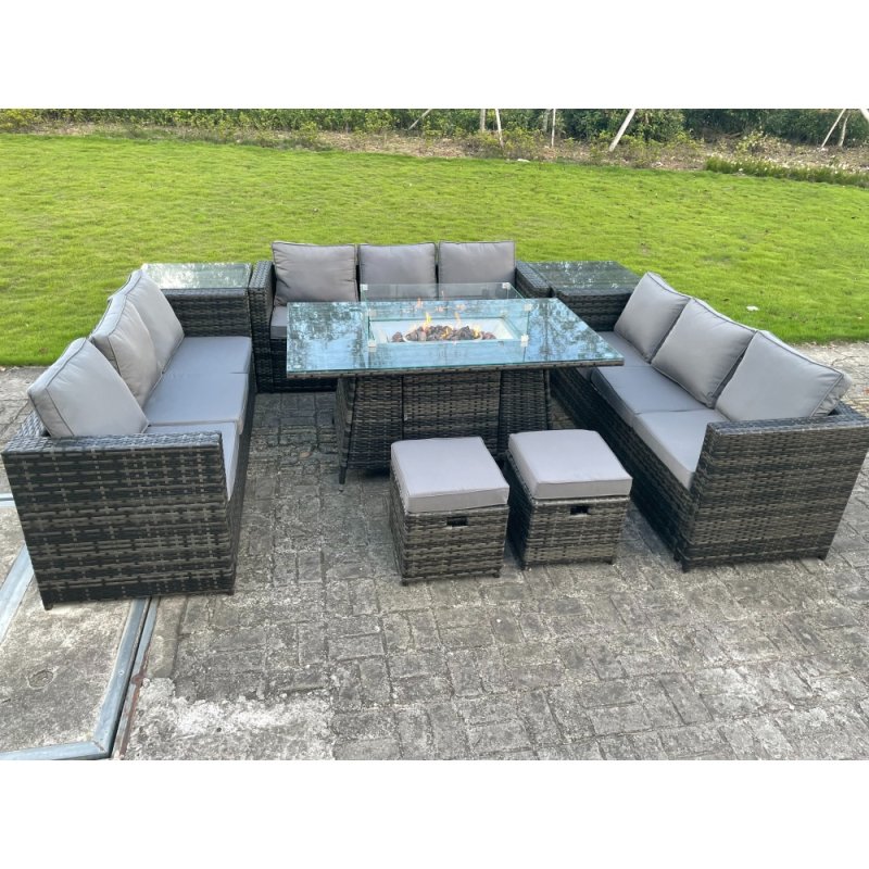 Fimous Outdoor Rattan Garden Corner Furniture Gas Fire Pit Table Gas Heater Sets Side Tables Small Footstools Dark Grey 11 Seater
