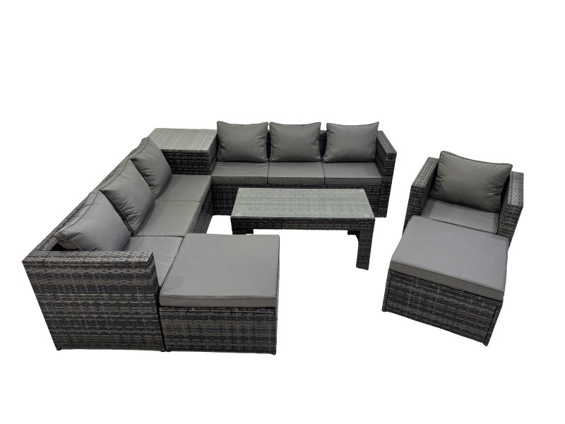 Fimous Garden Rattan Outdoor Furniture Set 9 Seater Patio Corner Sofa Oblong Coffee Table with Chair 2 Big Stool Side Table Dark Grey