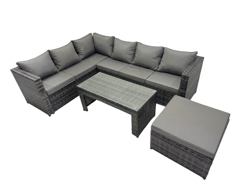 Fimous 4 Pieces Outdoor PE Rattan Garden Furniture Corner Sofa Oblong Coffee Table Set with Cushions Big Footstool Dark Grey Mixed