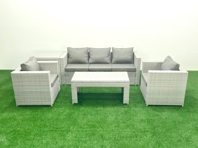 Fimous Rattan Garden Furniture Set 5 Pieces Outdoor Garden Sofa Oblong Coffee Table Set with 2 Chairs Side Tabe Light Grey Mixed