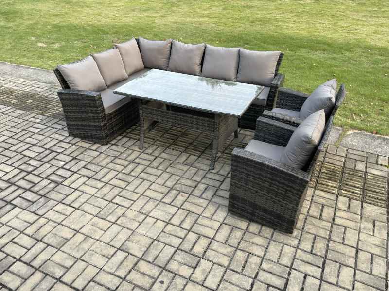 Fimous 8 Seater Garden Rattan Furniture Corner Dining Set with Armchair Indoor Outdoor Lounge Sofa Set Dark Grey Mixed
