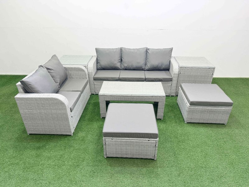 Fimous 7 Seater PE Rattan Wicker Garden Furniture Patio Conservatory Sofa Set with Oblong Coffee Table 3 Seater Sofa Love Sofa 2 Big Footstool 2 Side Table