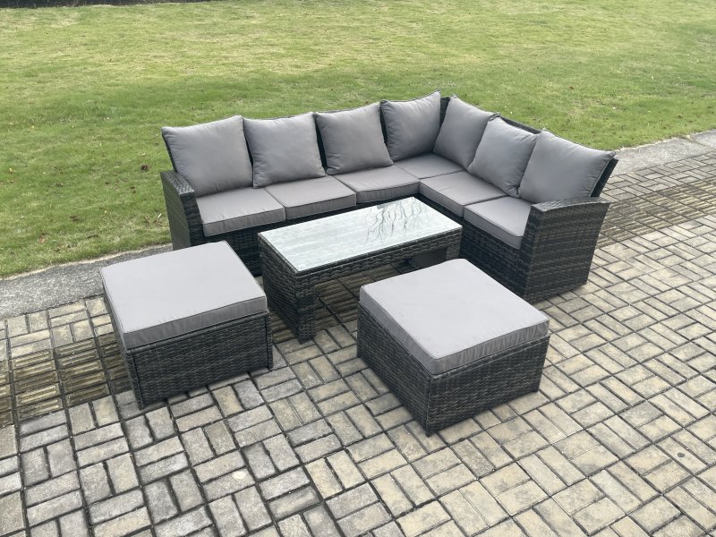 Fimous 8 Seater Wicker PE Outdoor Garden Furniture Set High Back Rattan Corner Sofa Set with 2 Big Footstool Rectangular Coffee Table