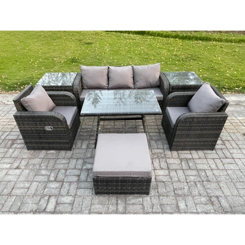Fimous 6 Seater Rattan Wicker Garden Furniture Patio Conservatory Sofa Set with Rectangular Dining Table Reclining Chair 3 Seater Sofa Big Footstool 2 Side Tables