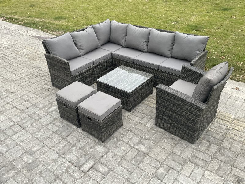 Fimous 9 Seater Outdoor Garden Furniture Set Wicker PE Rattan Corner Sofa Set with Square Coffee Table 2 Small Footstools Armchair Dark Grey Mixed