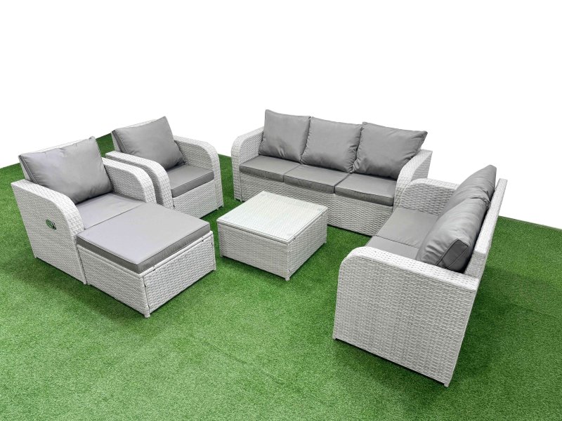 Fimous PE Rattan Garden Furniture Set Adjustable Chair Sofa Double Love Seat 2 Seater Sofa Lounge Set Square Coffee Table Big Footstool Light Grey