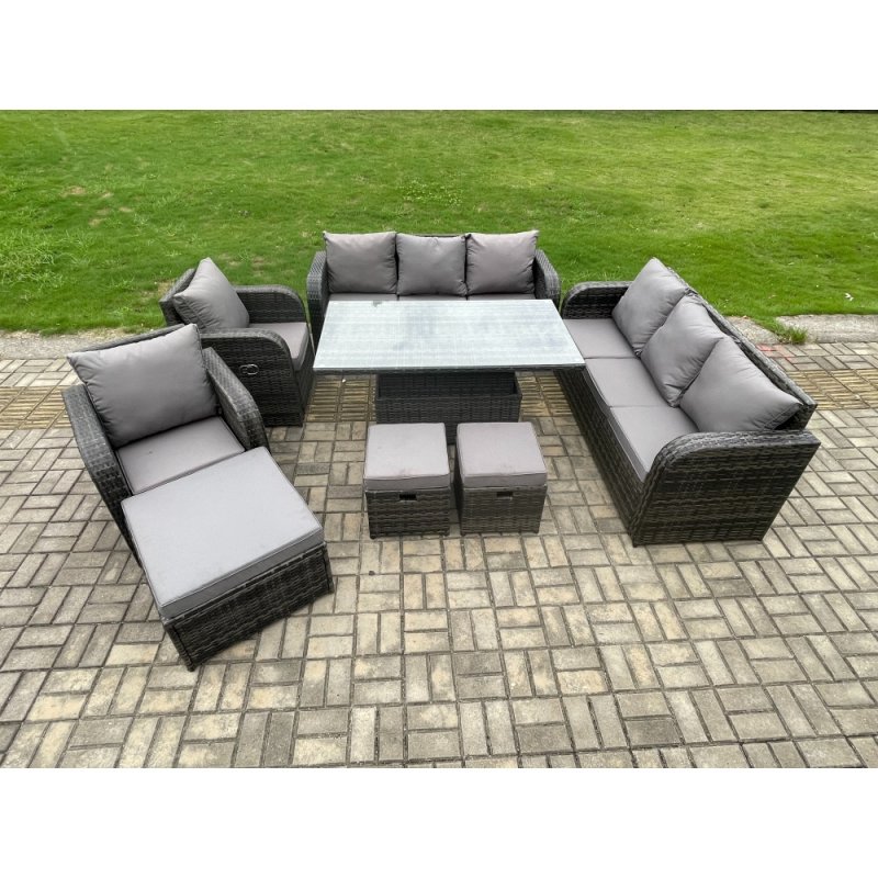 Fimous Wicker PE Rattan Outdoor Garden Furniture Sets Height Adjustable Rising lifting DiningTable Sofa Set with Reclining Chair 3 Footstools Dark Grey Mixed