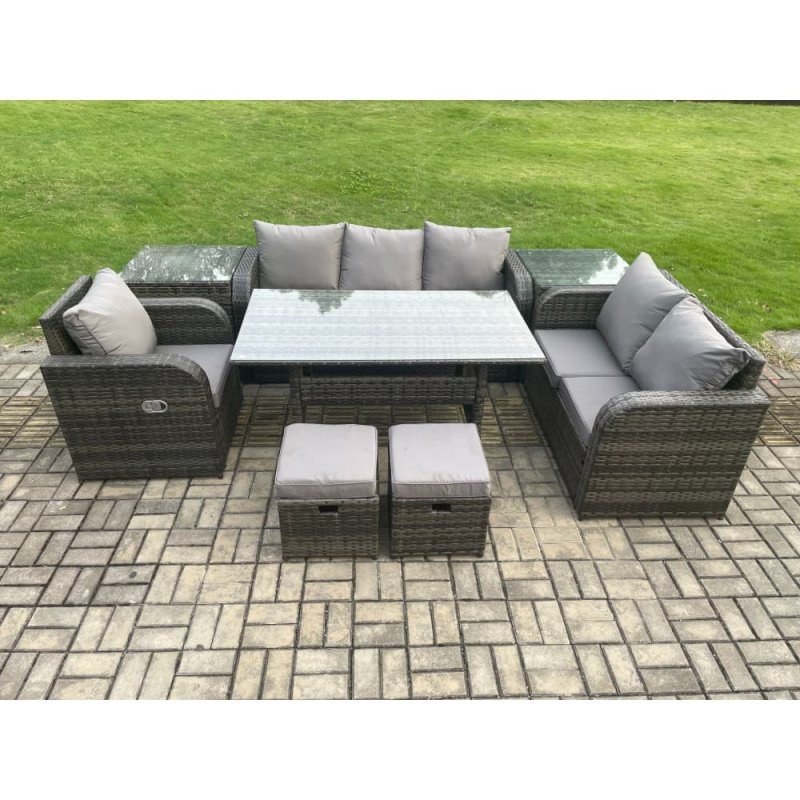 Fimous 8 Seater Garden Rattan Furniture Dining Table Sofa Set Indoor Outdoor with Reclining Chairs 2 Side Tables 2 Small Footstools Dark Grey Mixed