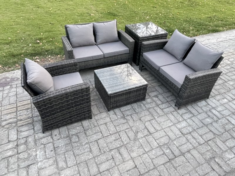 Fimous Outdoor Rattan Garden Furniture Set Conservatory Patio Sofa Coffee Table Set with Chair Side Table Dark Grey Mixed