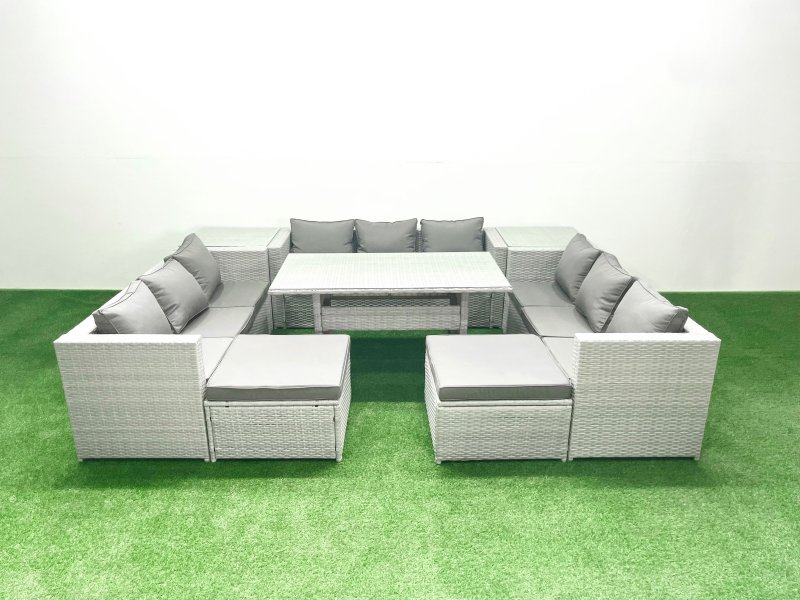 Fimous Rattan Garden Outdoor Furniture Set 11 Seater Garden Sofa Rectangulr Dining Table Set with 2 Big Footstools 2 Side Tables Light Grey Mixed