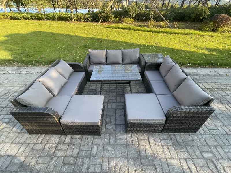Fimous Rattan Garden Furniture Set 11 Seater Patio Outdoor Lounge Sofa Set with Side Table Rectangular Dining Table 2 Big Footstool Dark Grey Mixed
