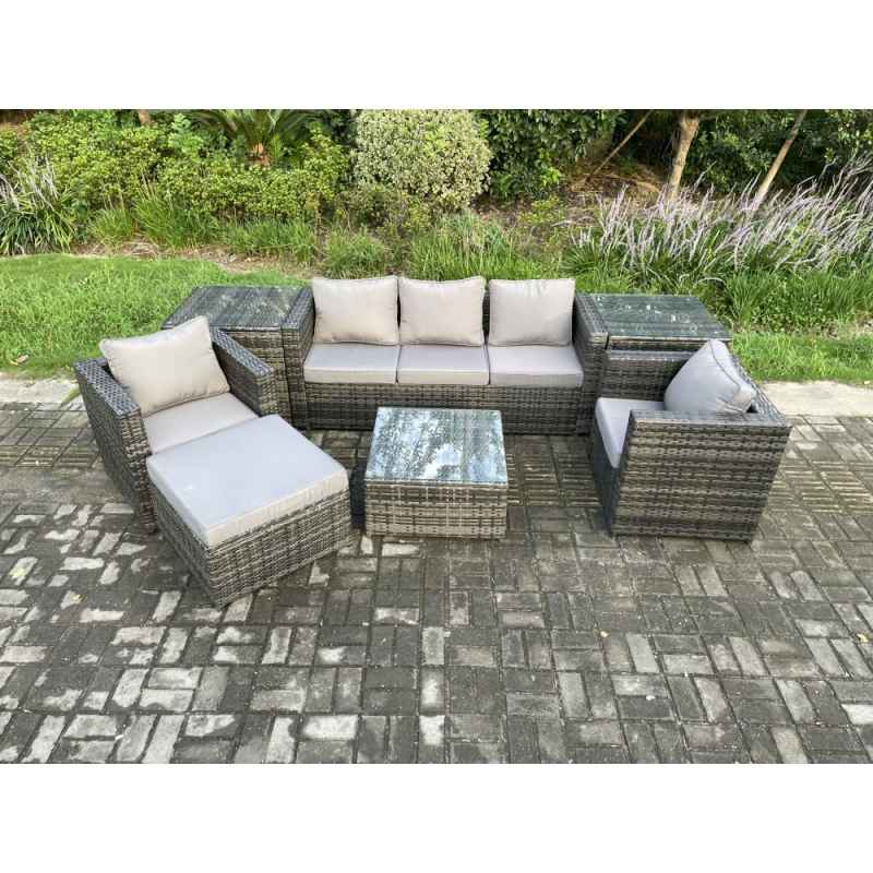 Fimous Wicker 7 Pieces Rattan Garden Furniture Sofa Set with Armchair 2 Side Tables Square Coffee Table Big Footstool Dark Grey Mixed