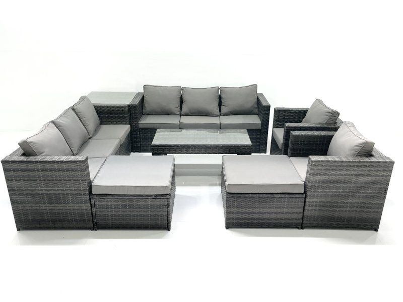 Fimous Rattan Garden Furniture Sofa Set with Coffee table Armchair Side Table 2 Big Footstools Dark Grey Mixed