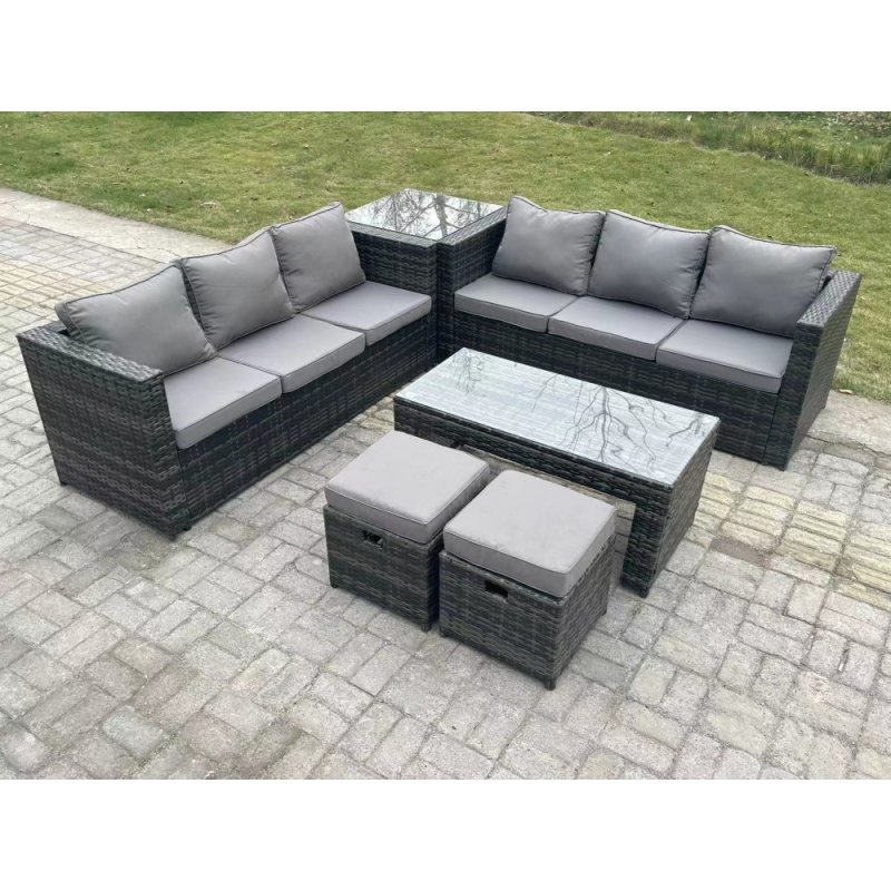 Fimous Outdoor Rattan Garden Furniture Lounge Sofa Set With Oblong Rectagular Coffee Table Side Coffee Table 2 Stools