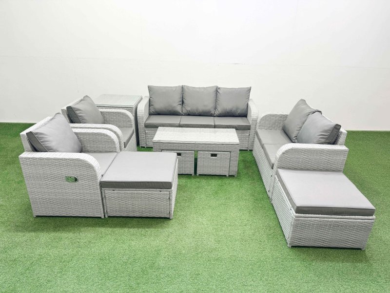 Fimous PE Wicker Rattan Furniture Sets with Oblong Coffee Table Love Sofa Reclining Chair 3 Seater Sofa 4 Stools Side Table Light Grey Mixed