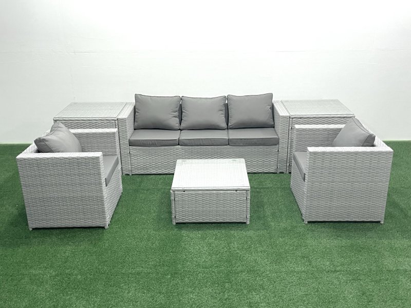 Fimous 5 Seater Rattan Garden Furniture Set with 3 Seater Sofa 2 Chair Square Coffee Table 2 Side Tables Light Grey Mixed