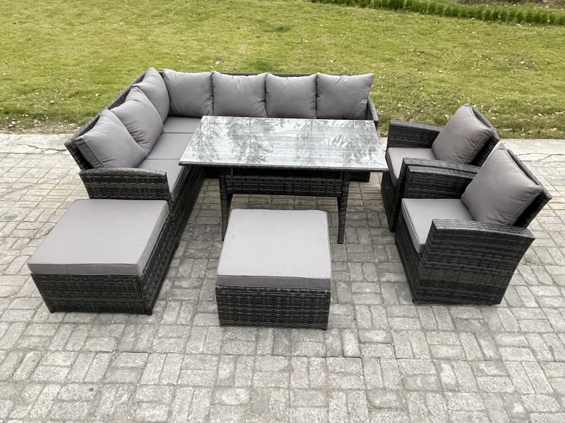 Fimous 10 Seater Outdoor Rattan Garden Furniture Set with Rectangular Dining Table 2 Big Footstool 2 Armchiars Patio Wicker Corner Sofa Set Dark Grey Mixed