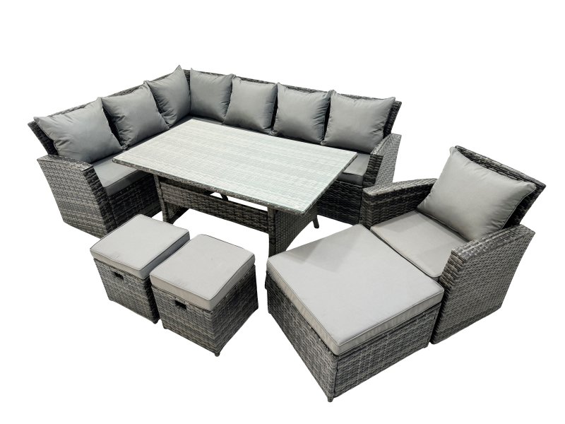 Fimous 10 Seat Rattan High Back Corner Sofa Set Patio Dining Table Set with 3 Stools Chair Dark Grey Mixed