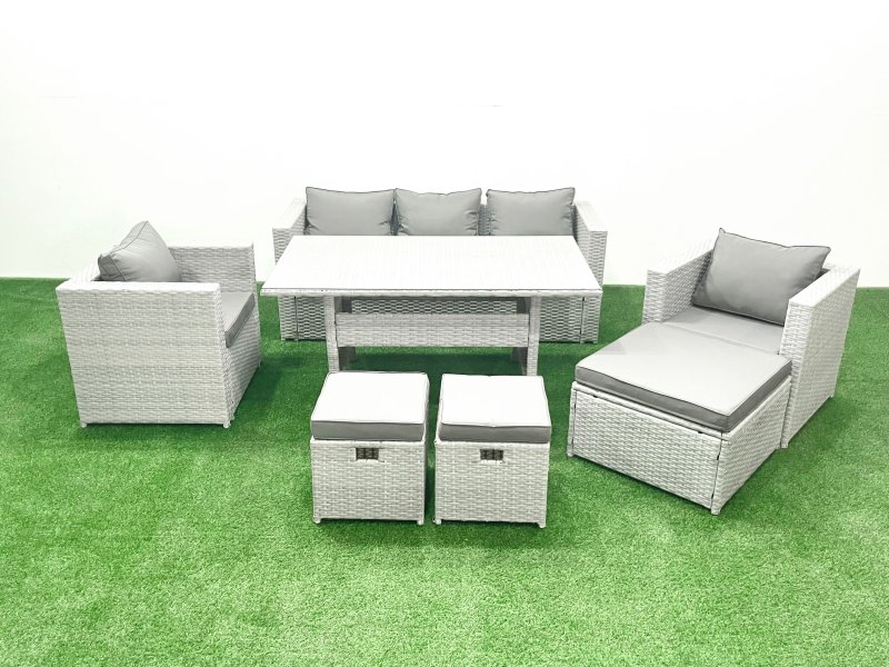 Fimous Garden Dining Set Outdoor Rattan Furniture Set with Sofa Dining Table 2 Chairs 3 Footstools Light Grey Mixed