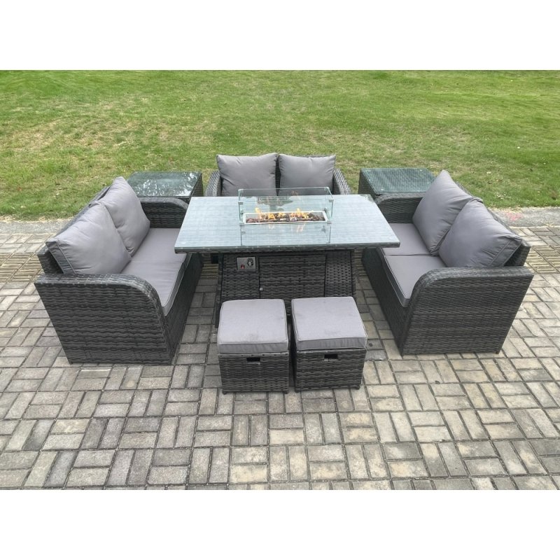 Fimous 8 Seater Outdoor Rattan Furniture Garden Dining Set Gas Fire Pit Table with Side Table Love Sofa 2 Small Footstools Dark Grey Mixed