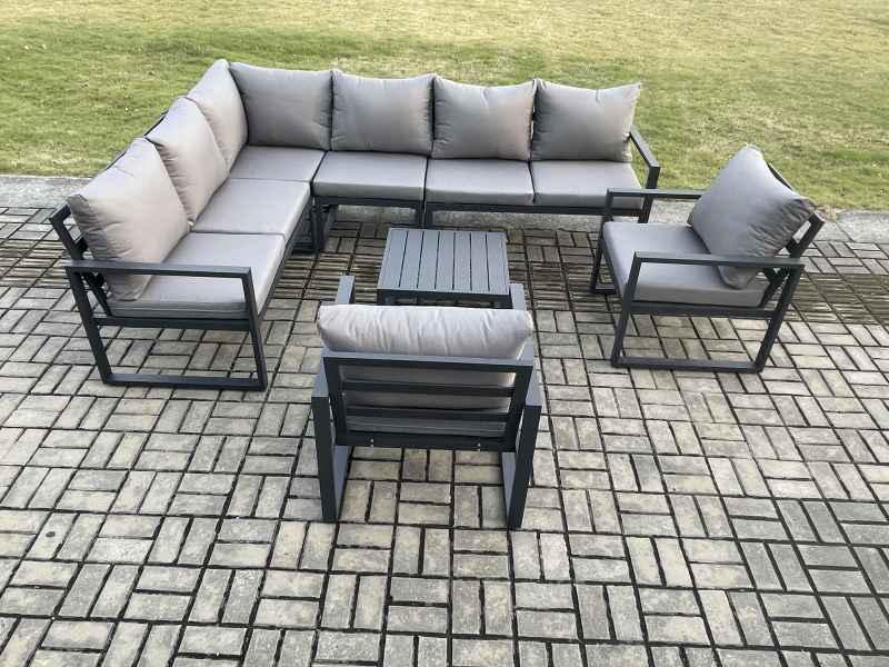 Fimous Aluminium Garden Furniture Set Outdoor Lounge Corner Sofa 2 Pcs Chair Square Coffee Table Sets Dark Grey 8 Seater